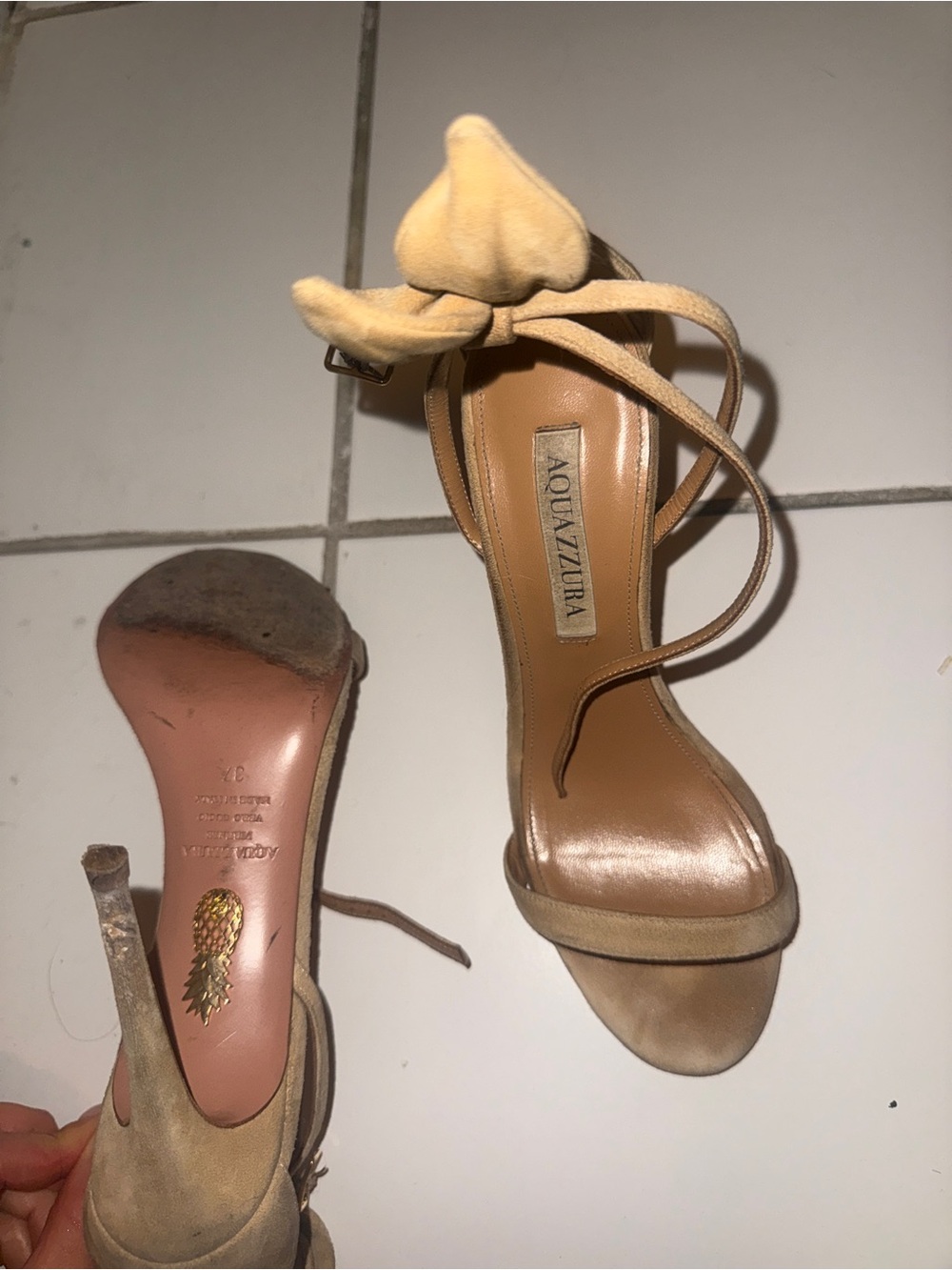 Aquazzura Beige Suede Ankle-Tie Heeled Sandals